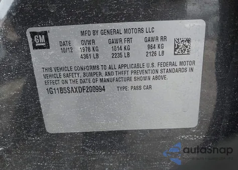 2013 Chevrolet Malibu 1Ls z USA, uszkodzony, nr VIN 1G11B5SAXDF200994